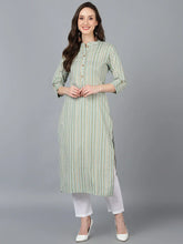 Women Green Cotton Striped Printed Kurta